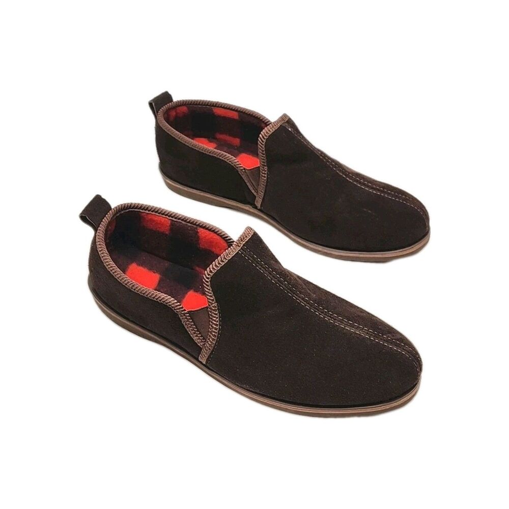 Sioux Mox Slippers Brown Suede Men Sz 11 Blak Red Check Fleece Line Flat Slip-On